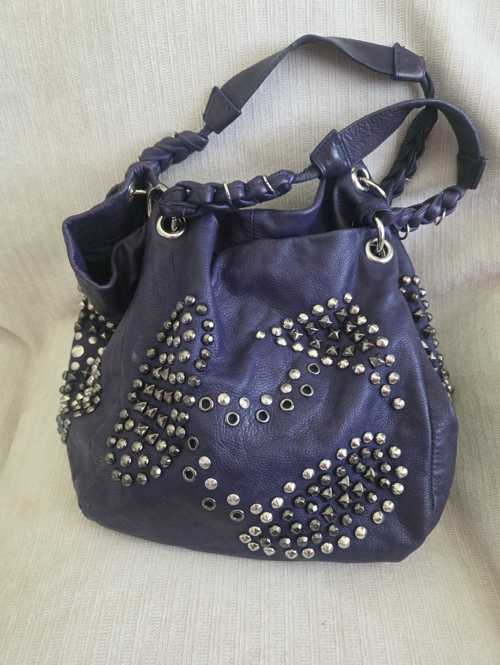 Purple Studded Leather Hobo Bag